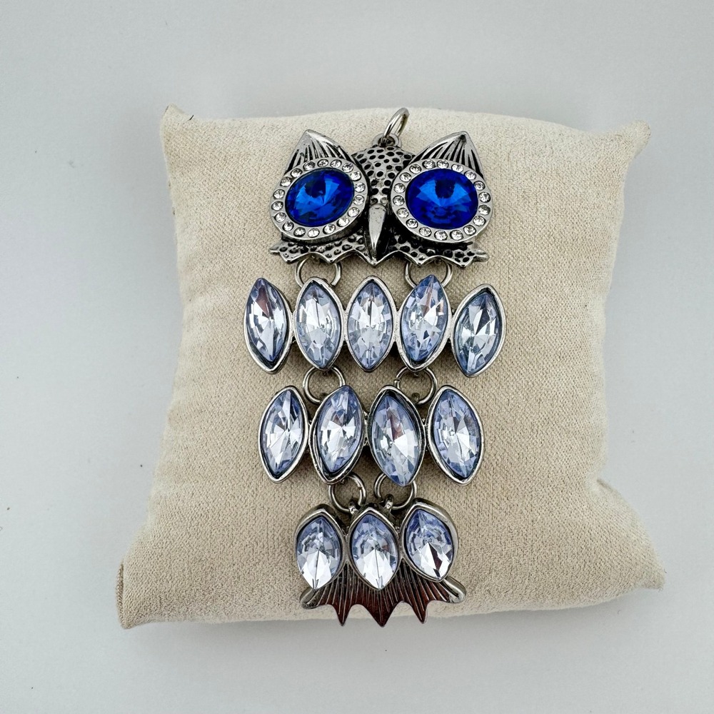 Park Lane Jewelry 2019 Articulated Owl Pendant Blue Crystal Eyes Silver Tone